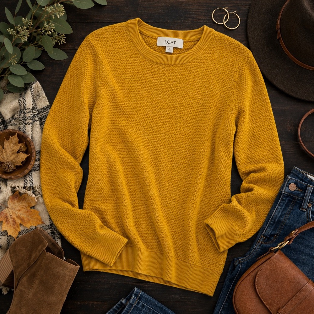 LOFT Womens Small Mustard Yellow
Textured Knit Crewneck Cotton
Sweater preppy